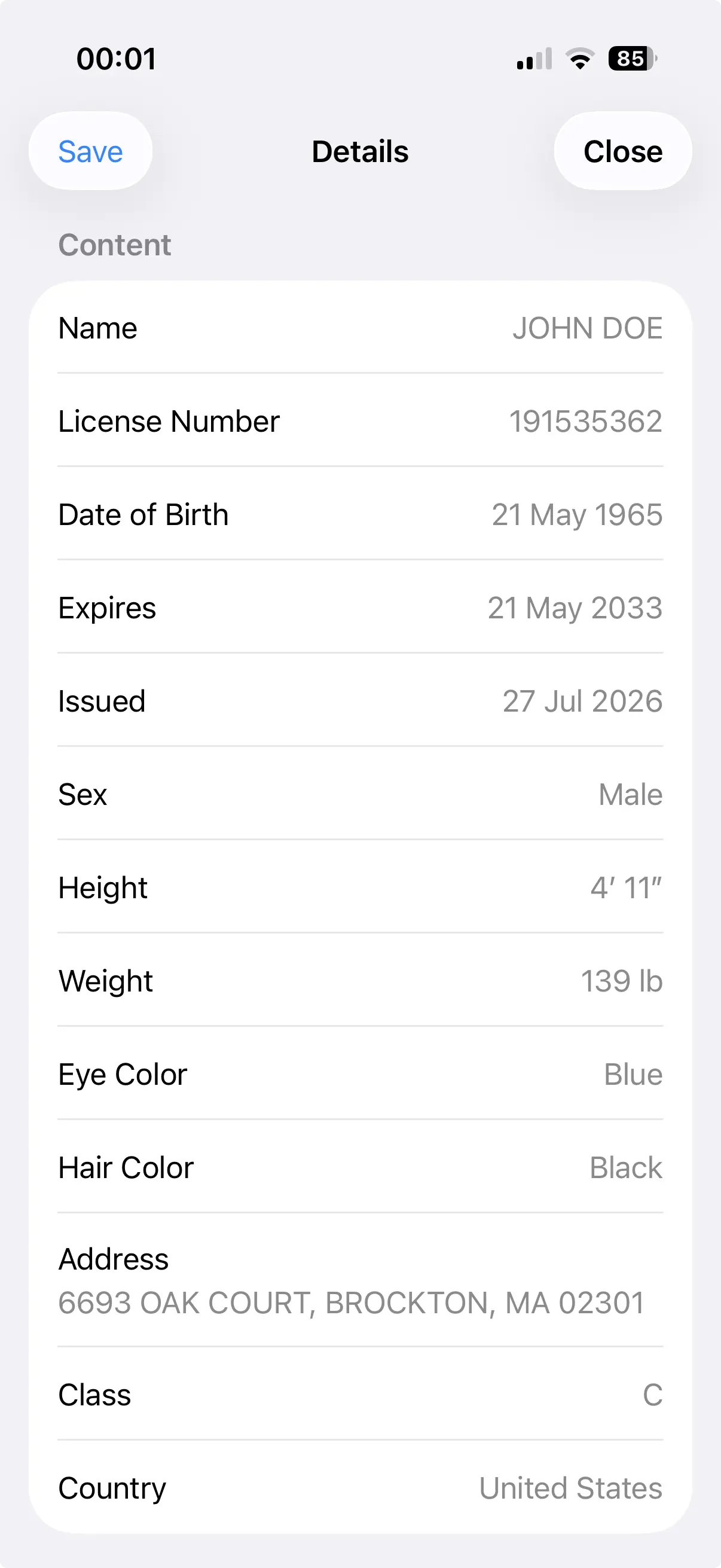 Decoded AAMVA driver's license information displayed as structured fields