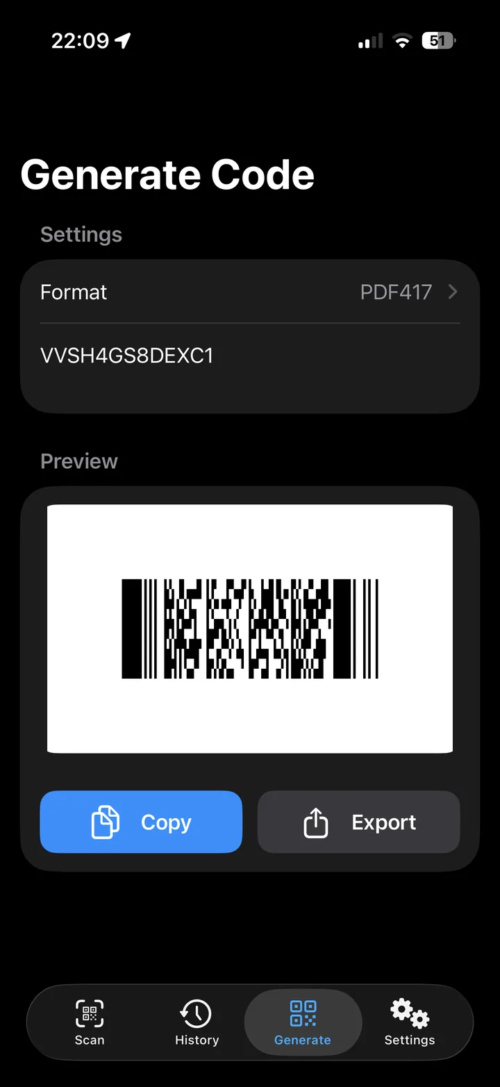 QRectly generate screen creating a PDF417 code with a live preview and Copy and Export buttons