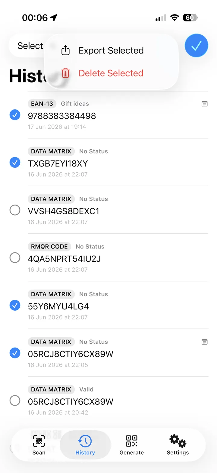 QRectly history screen with saved EAN-13 and Data Matrix codes, status labels and an Export Selected menu